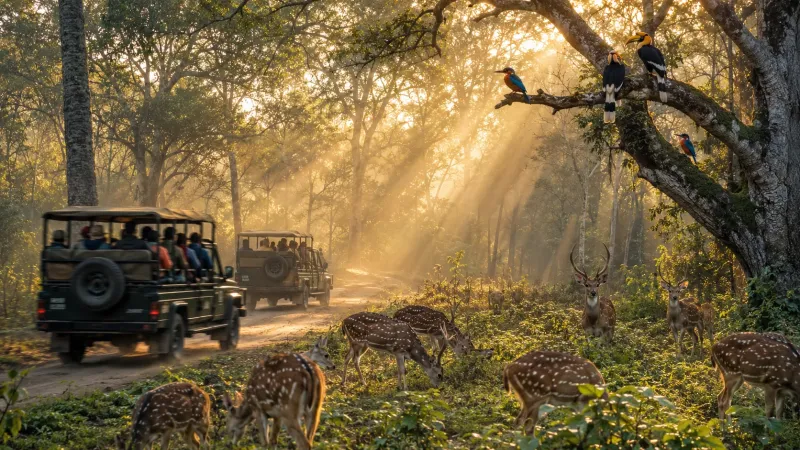 Golden Hour Jungle Safari with Spotted Deer and Safari Jeeps wallpaper preview