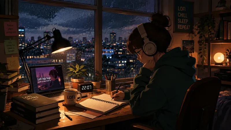 Lofi Night Study — Cozy Rainy Room wallpaper preview