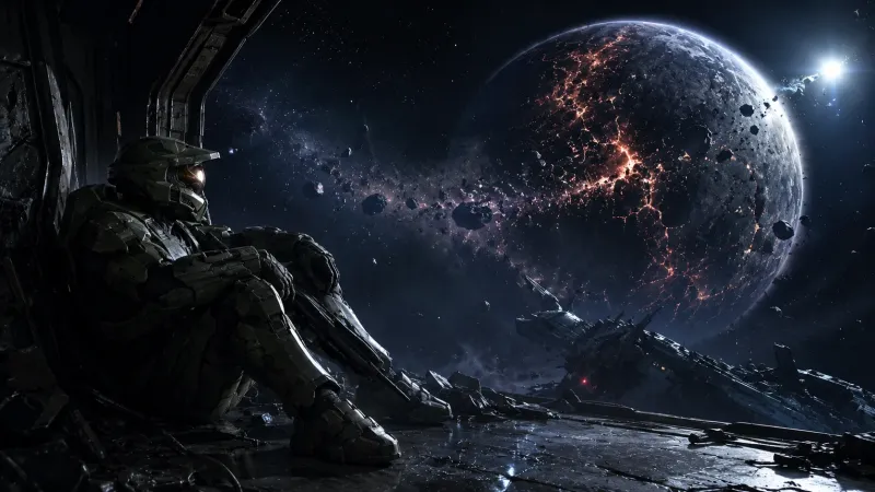 Lone Spartan Warrior Overlooking a Destroyed Planet wallpaper preview
