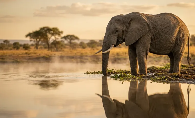 Majestic Elephant at Sunset Waterhole Ultra Realistic Wildlife Wallpaper wallpaper preview