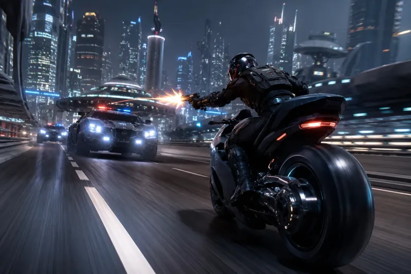 Neon Pursuit 2155: Cyberpunk Motorcycle Gunfire Chase wallpaper preview
