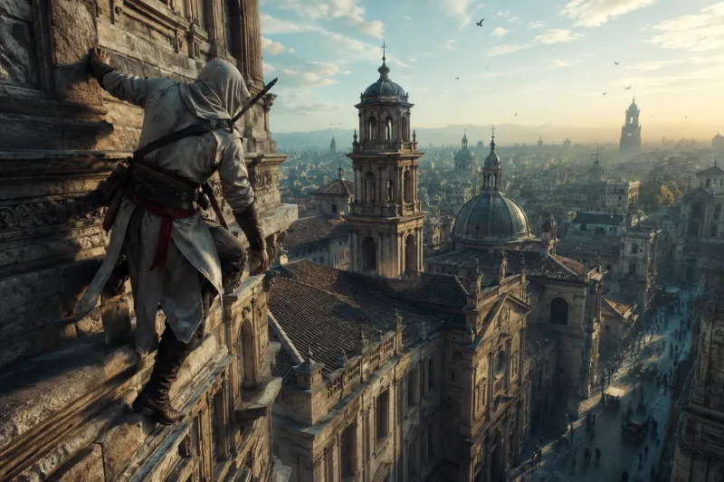 Realistic Hooded Assassin Overlooking a Renaissance City wallpaper preview