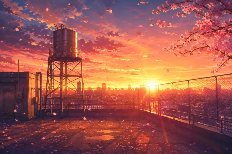 Rooftop Bloom Anime Sunset Wallpaper wallpaper preview