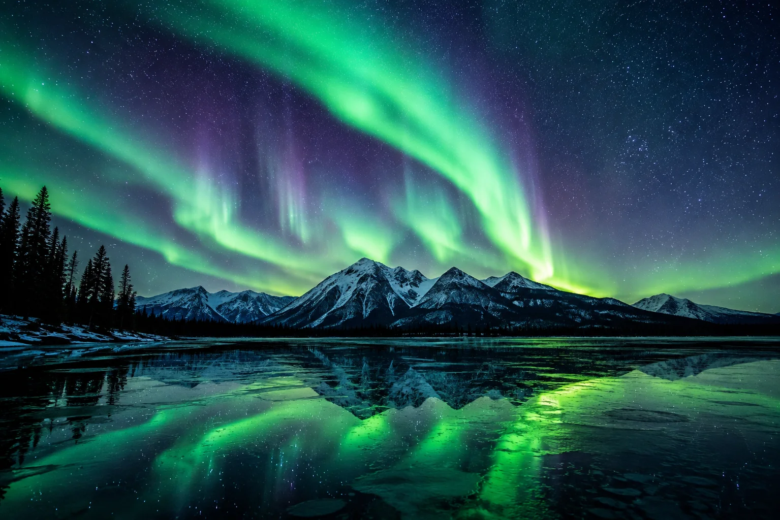 Aurora Borealis Over a Frozen Mountain Lake wallpaper full preview