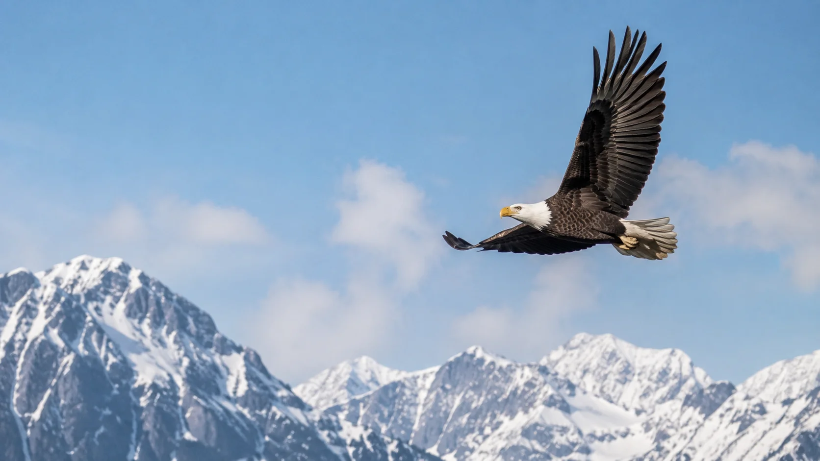 Bald Eagle Flying Over Snowy Mountain Peaks wallpaper full preview