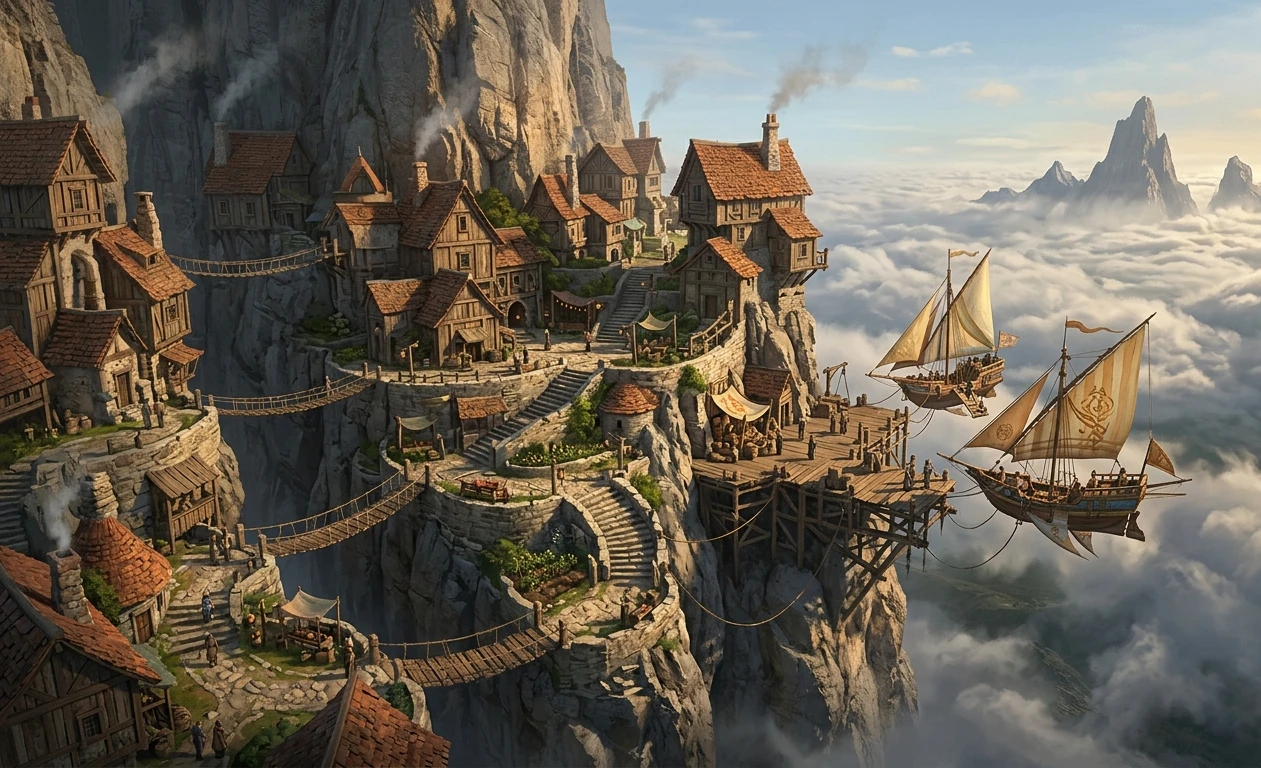 Cliffside Haven Sky Village Fantasy Wallpaper