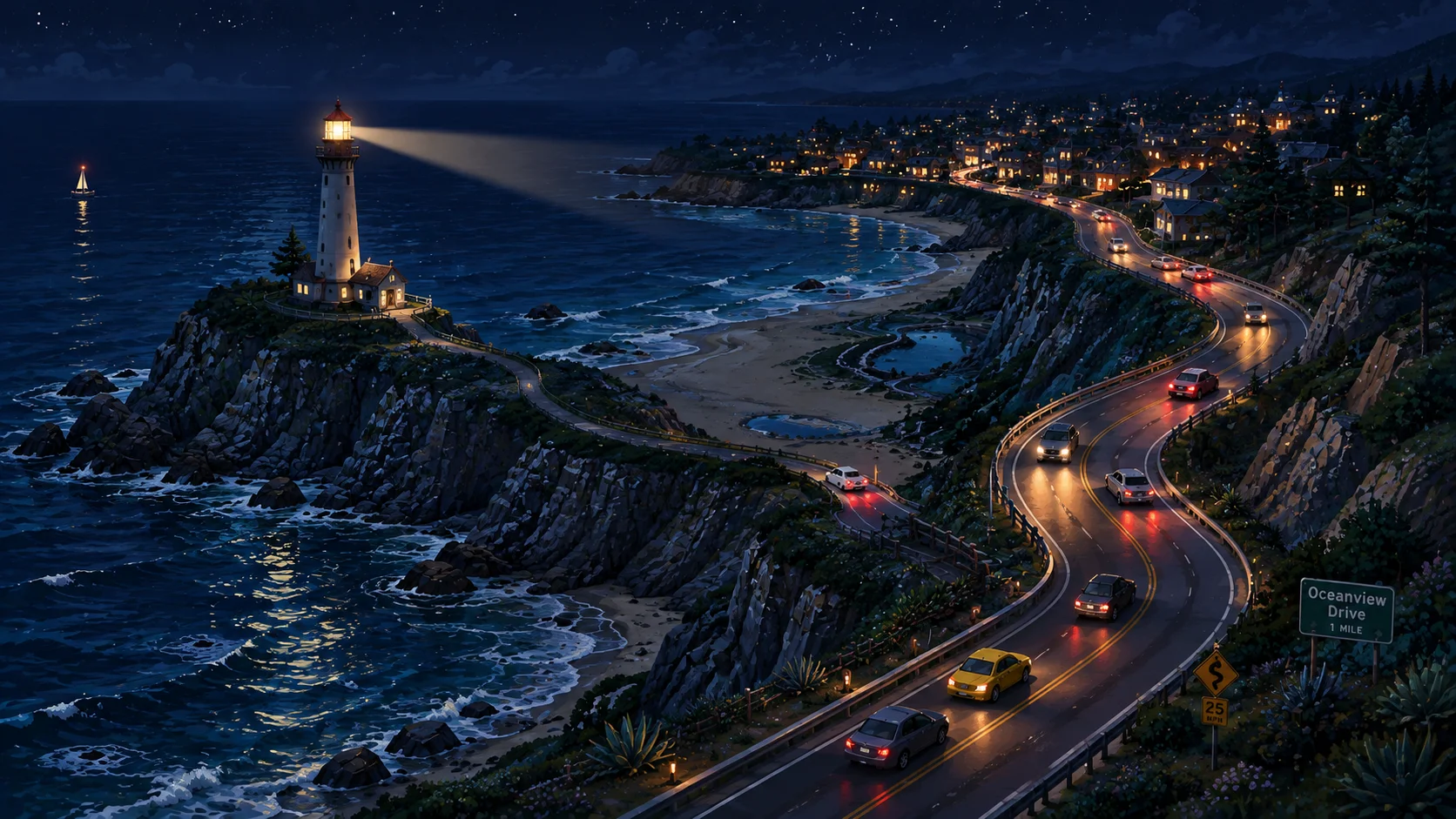 Coastal Beacon Isometric Night Highway Wallpaper wallpaper full preview