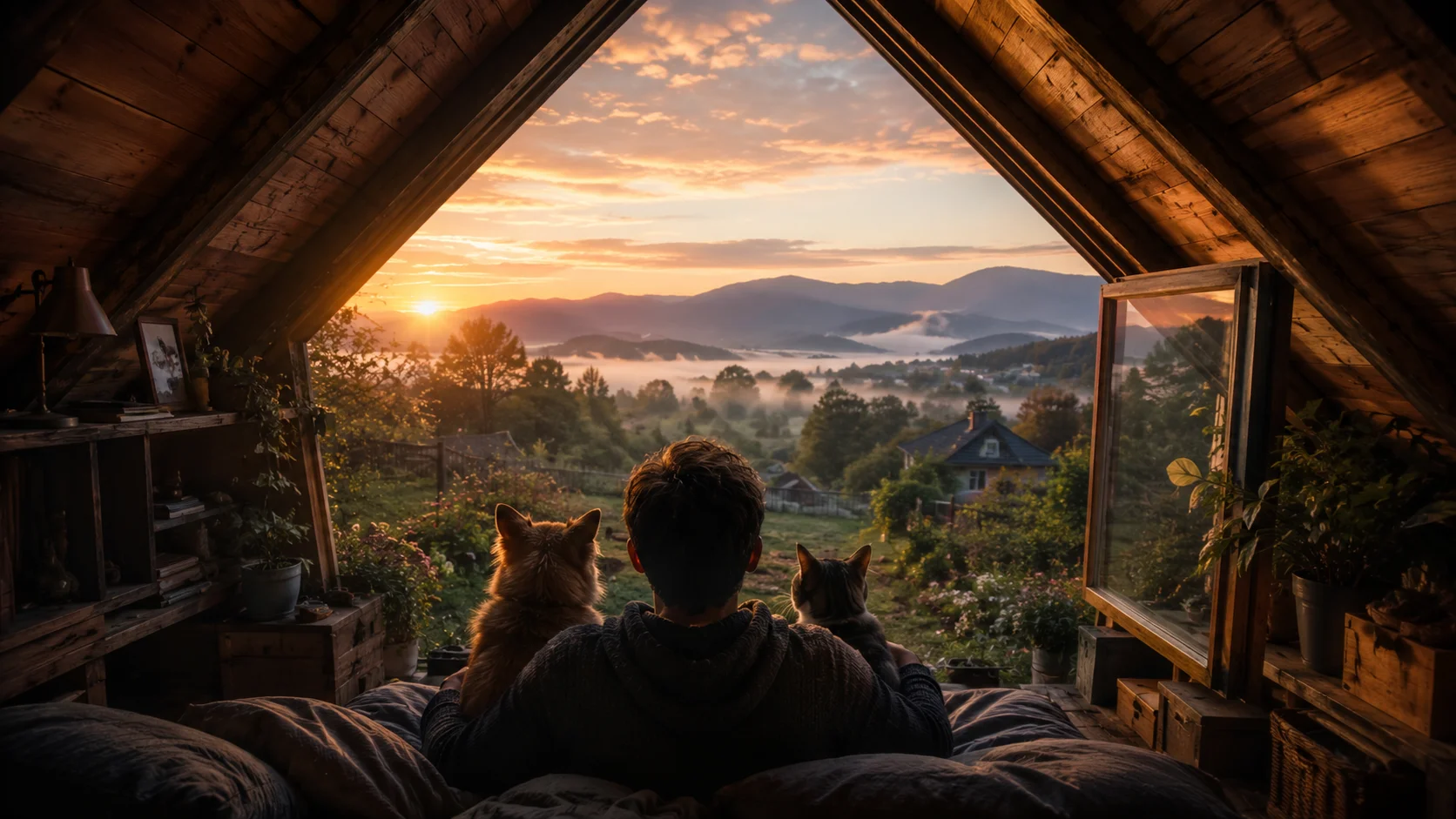 Dawn in the Attic with Dog and Cat wallpaper full preview