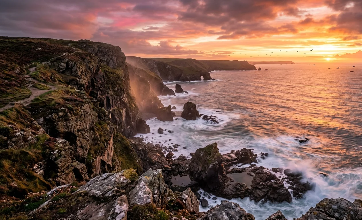 Dramatic Ocean Coastline at Sunset Ultra Realistic Nature Wallpaper
