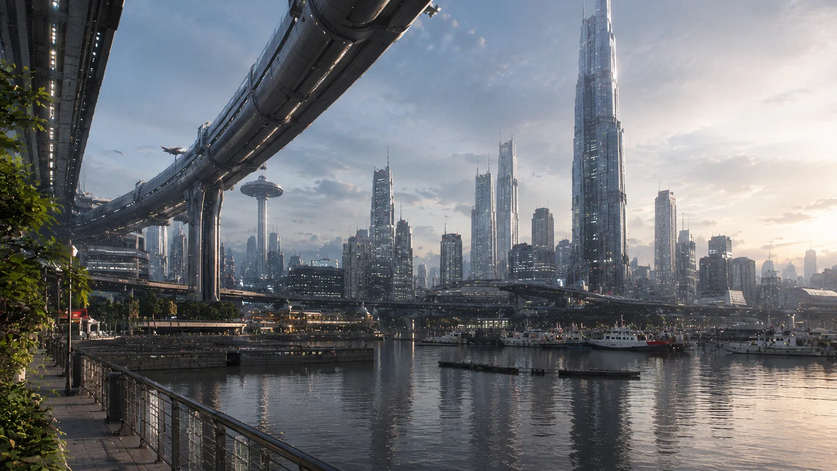 Future Harbor — Realistic Sci-Fi Citysca wallpaper full preview