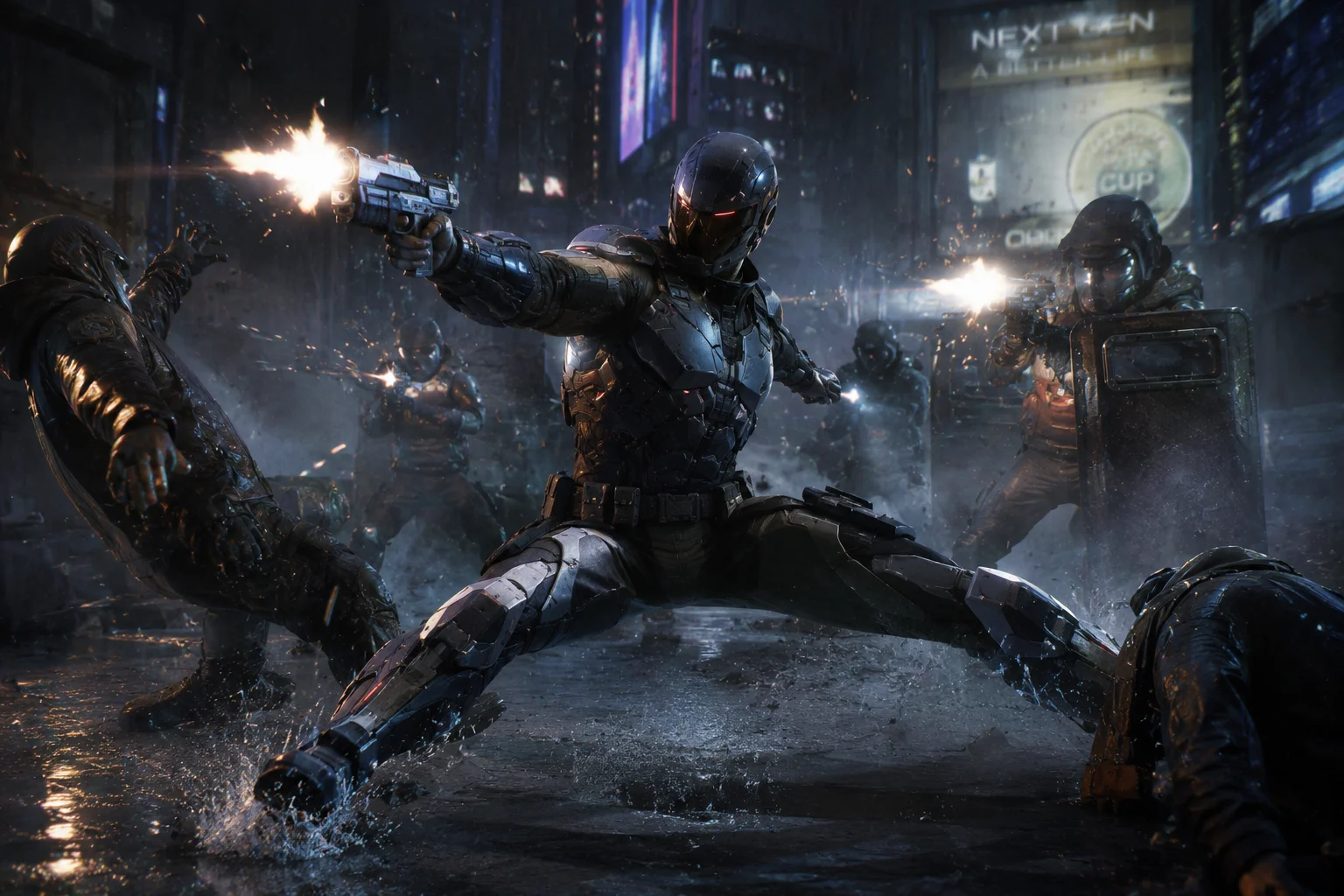 Futuristic Armored Hero: Neon City Battle wallpaper full preview