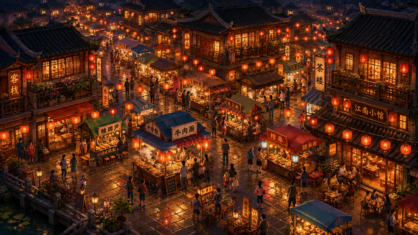Lantern Street Isometric Night Market Wallpaper