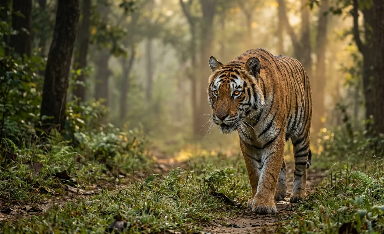 Majestic Bengal Tiger in Misty Morning Forest – Ultra Realistic Wildlife Wallpaper wallpaper full preview