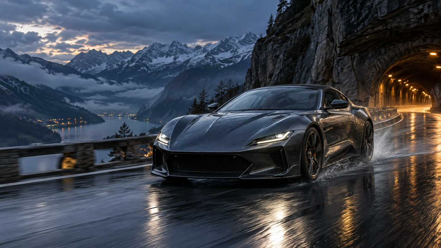 Midnight Apex: Supercar on an Alpine Road