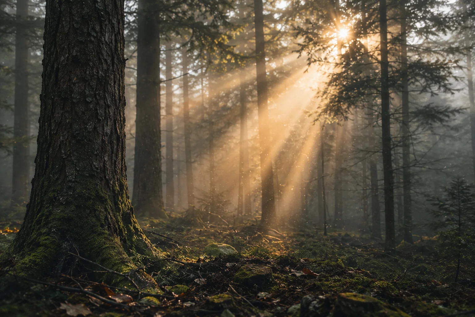 Misty Pine Forest with Golden Sunbeams