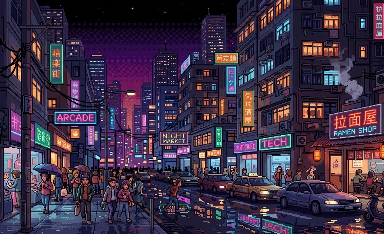 Neon Alley 32-Bit Pixel Art Wallpaper wallpaper full preview