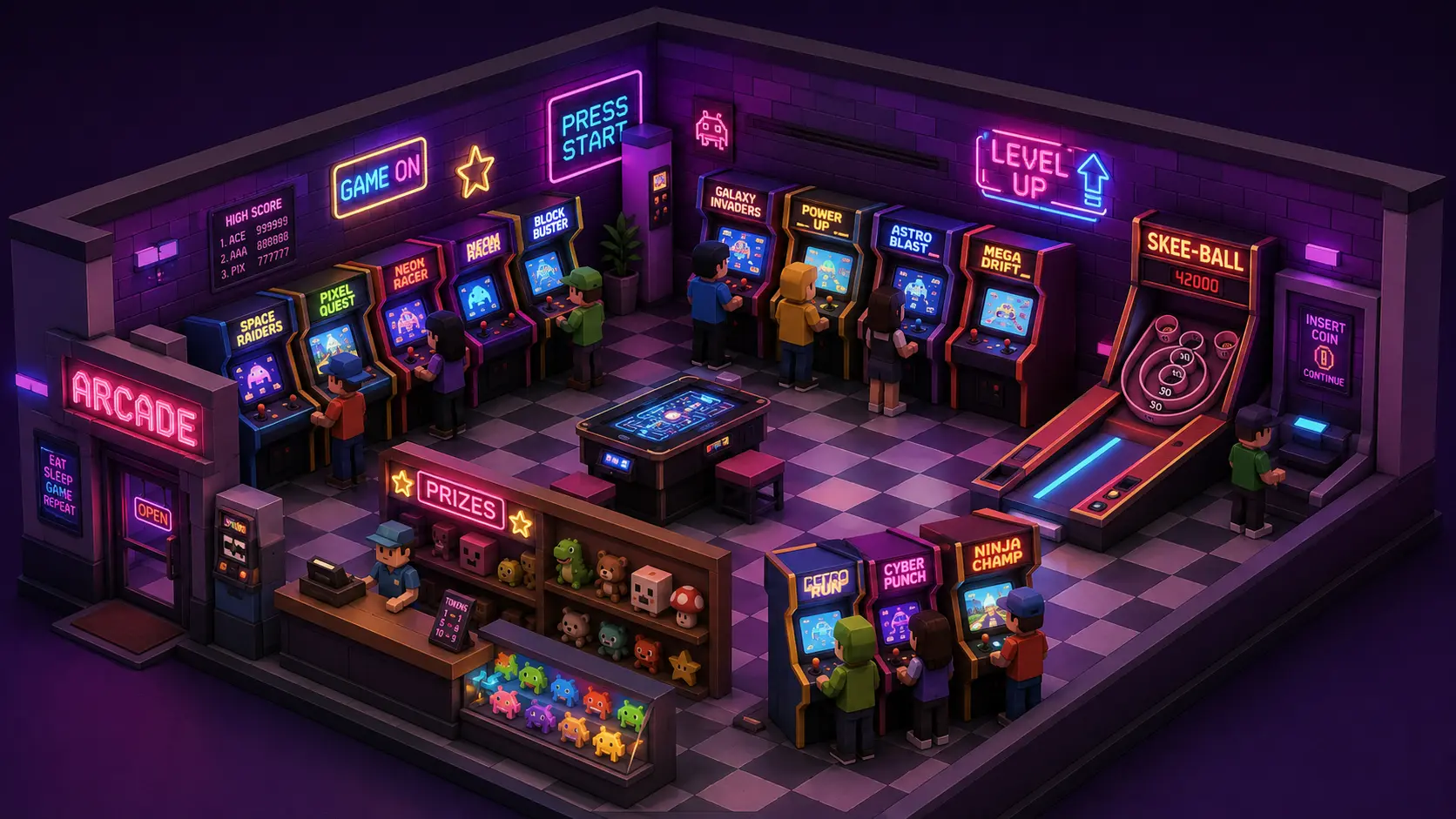 Neon Play Isometric Arcade Diorama Wallpaper wallpaper full preview