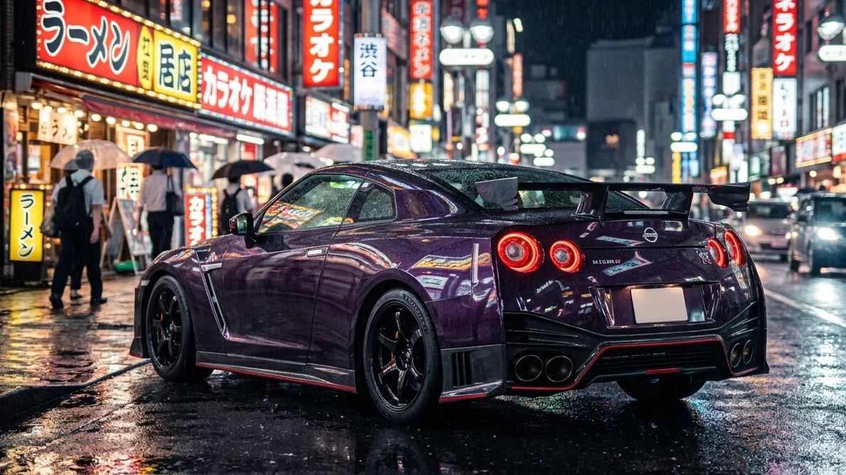 Neon Rain: Nissan GT-R Nismo Midnight Purple – Ultra HD AI Wallpaper wallpaper full preview