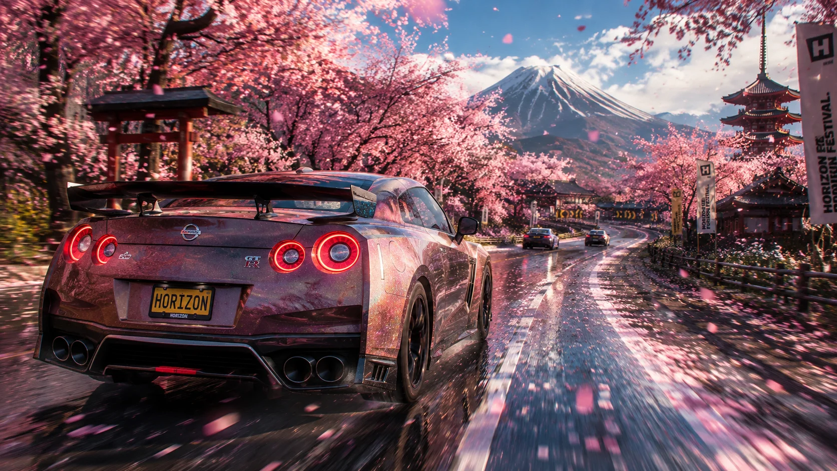 Nissan GT-R Racing Through Cherry Blossoms wallpaper full preview