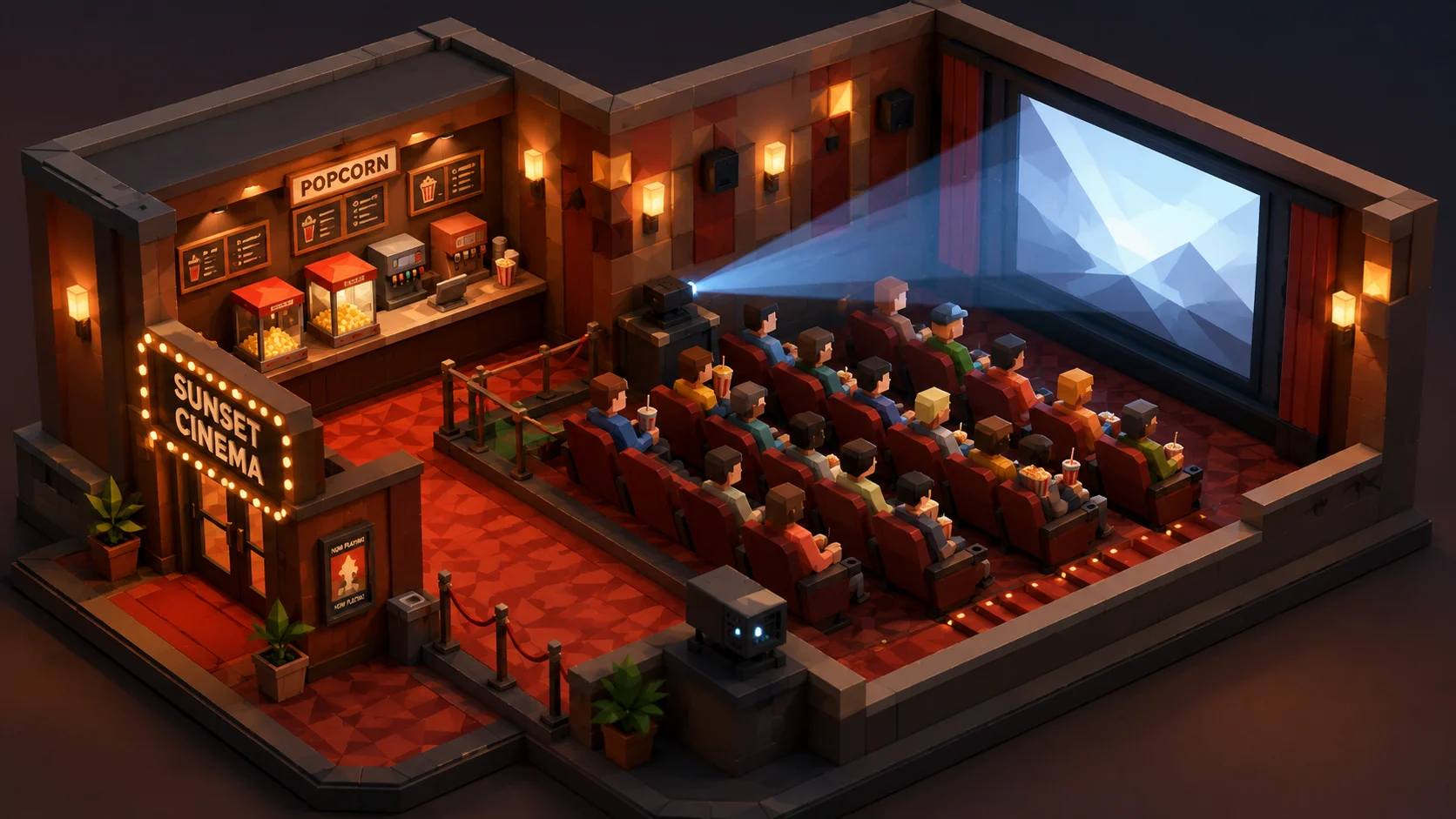 Now Showing Isometric Movie Theater Diorama Wallpaper wallpaper full preview