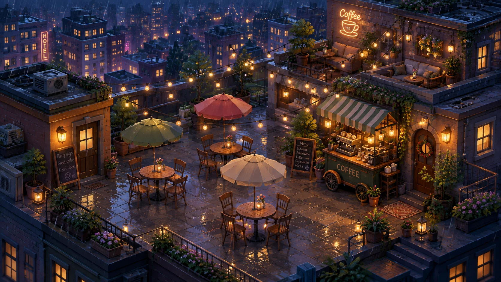 Rainy Rooftop Isometric City Café Wallpaper
