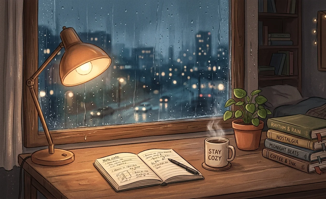 Rainy Study Lo-Fi Desk Wallpaper wallpaper full preview