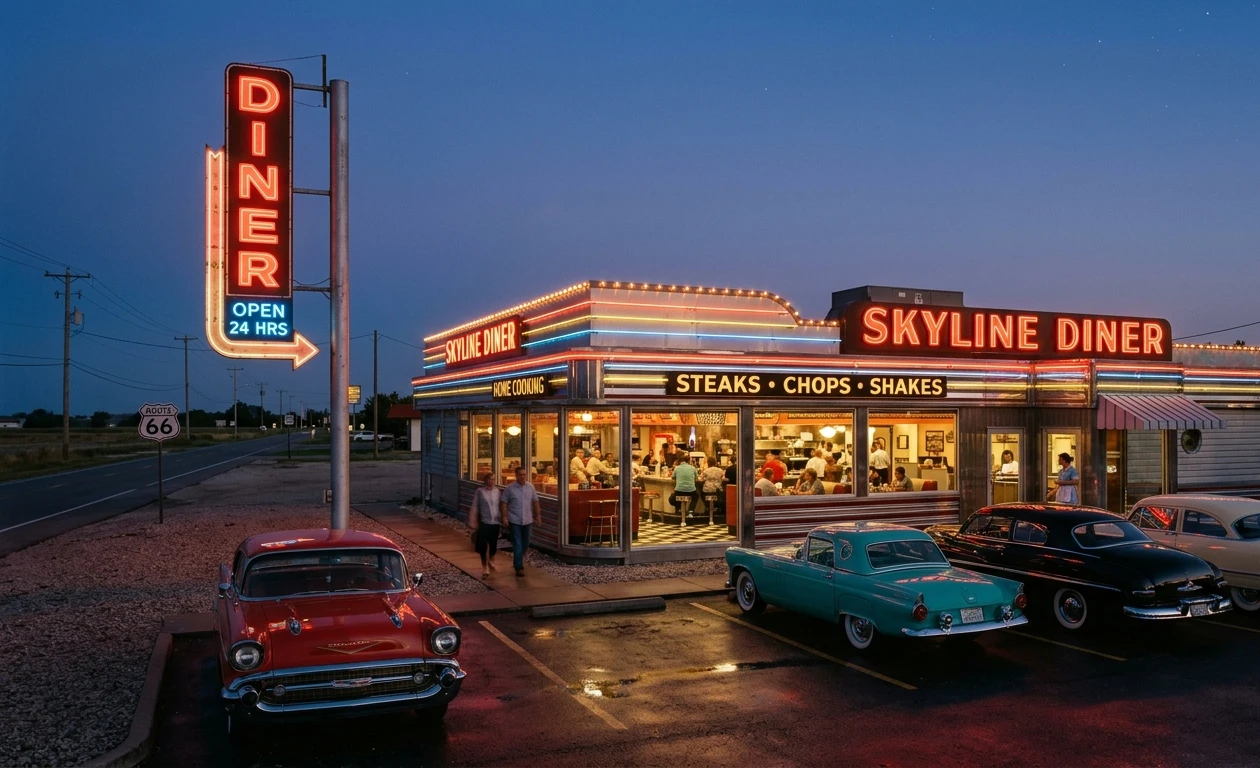 Roadside Diner, Vintage Americana Wallpaper