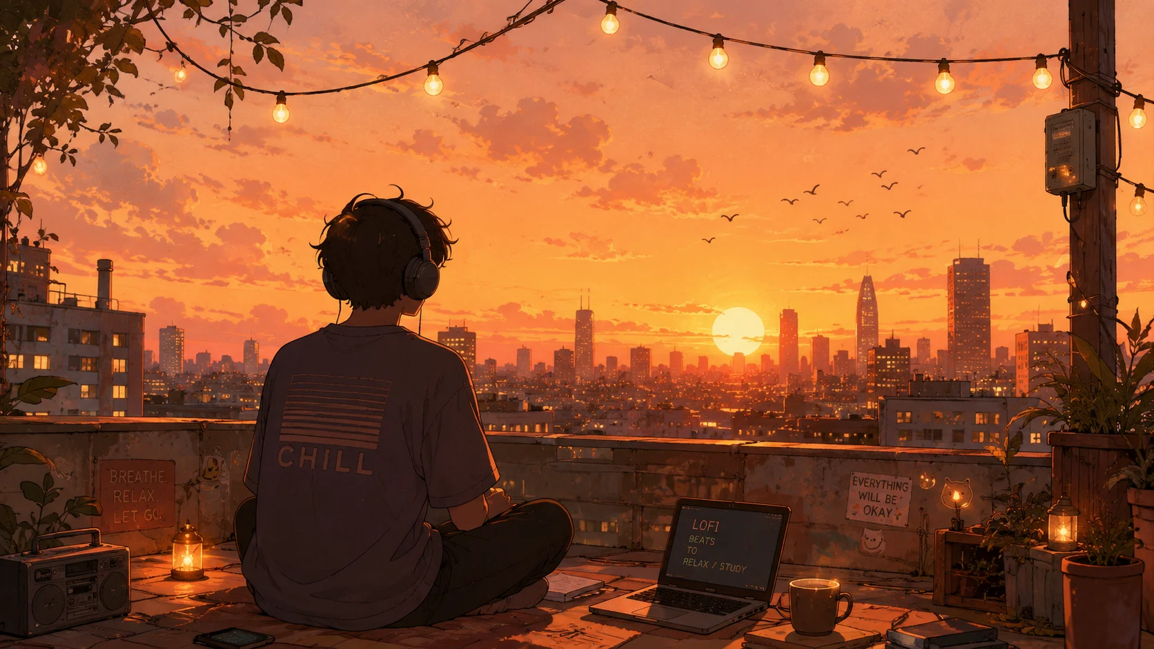 Rooftop Sunset Lofi Wallpaper wallpaper full preview