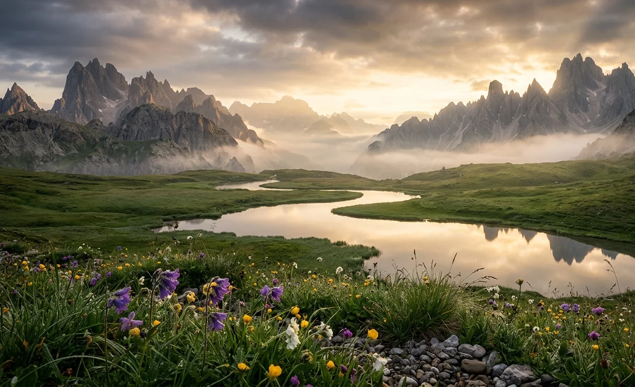 Serene Mountain Valley at Sunrise Ultra Realistic Nature Wallpaper