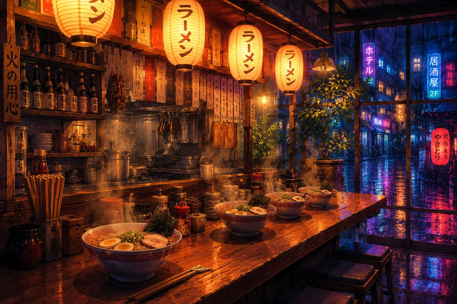 Steaming Bowls Anime Ramen Shop Wallpaper wallpaper full preview