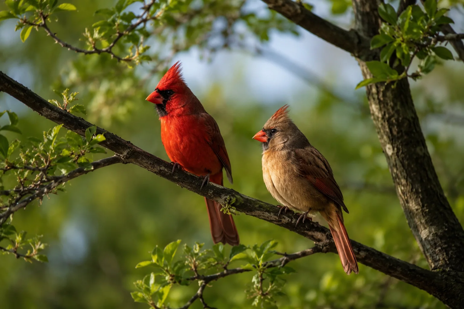 Sunlit Cardinal Pair – Birds Resting on a Forest Tree