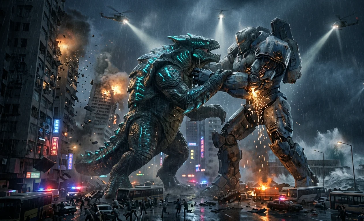 Titan Storm Kaiju vs Mecha Cinematic Wallpaper wallpaper full preview