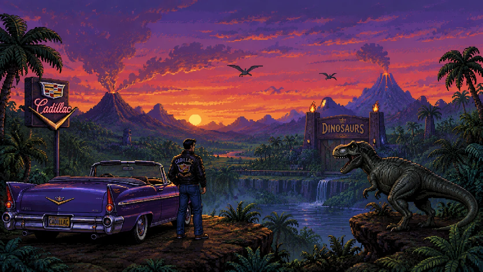 Tyrannosaurus Rex in a Prehistoric Tropical Valley wallpaper full preview