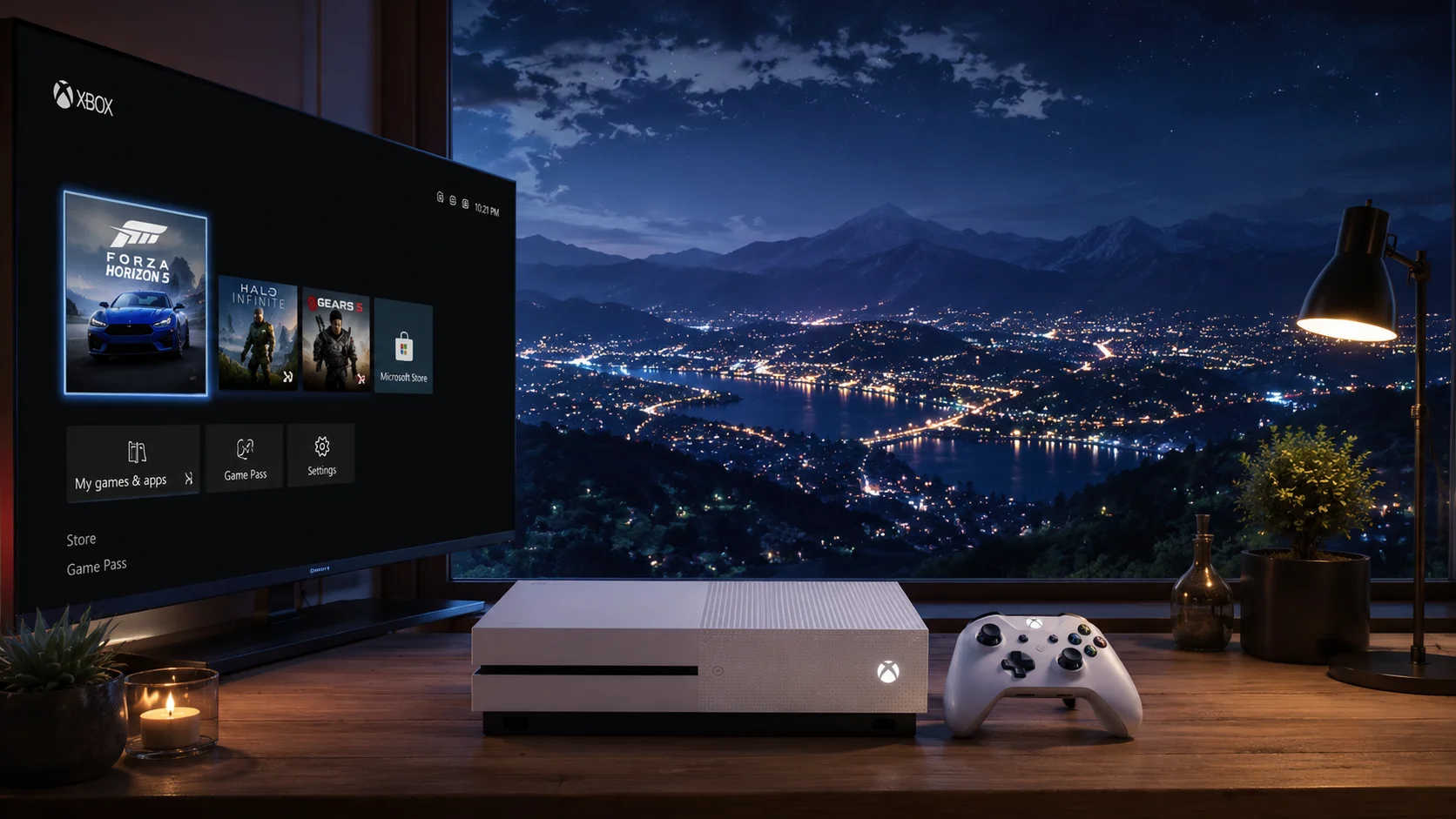 Xbox Night Gaming Setup – City & Mountain View